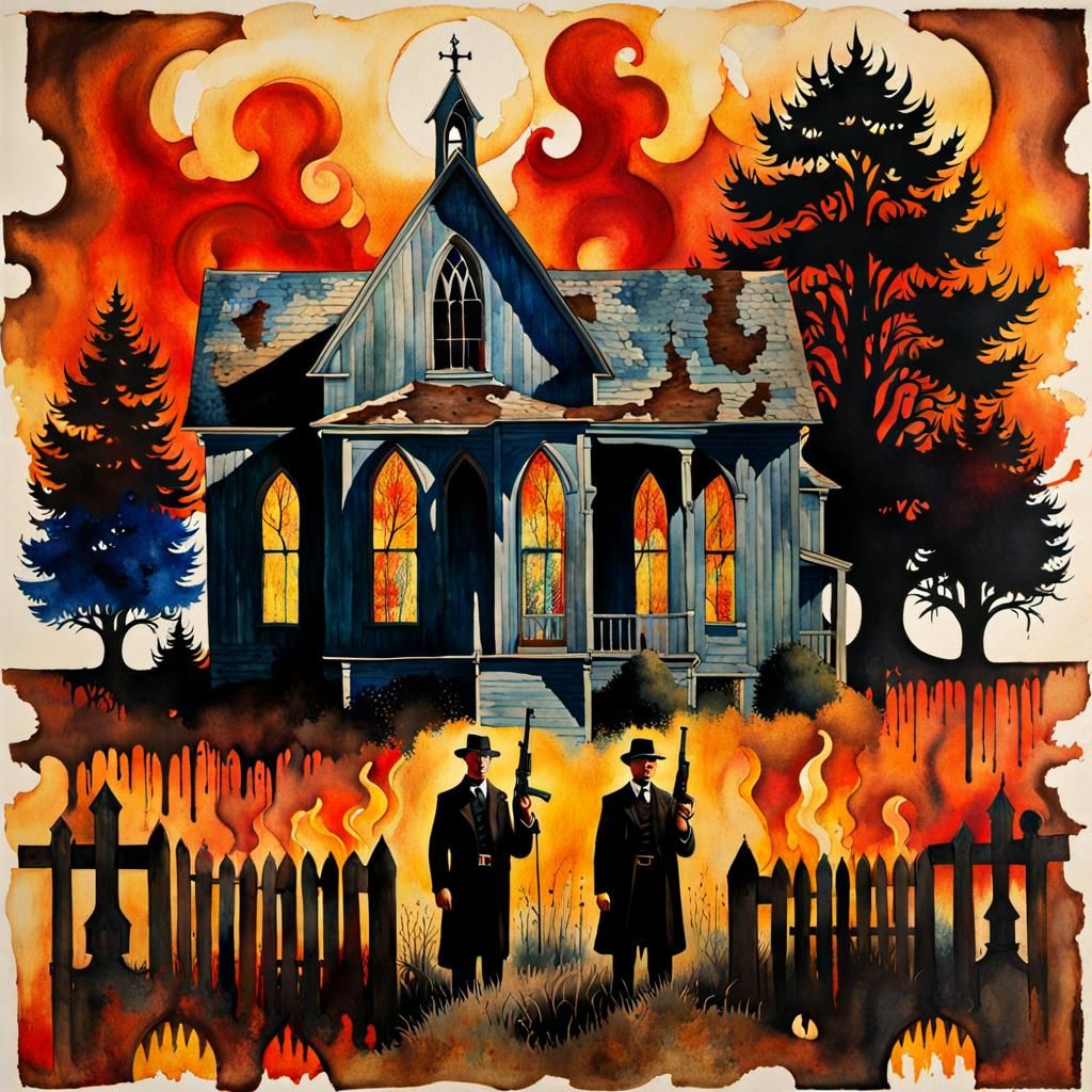 Gothic American Couple with Guns in Watercolor