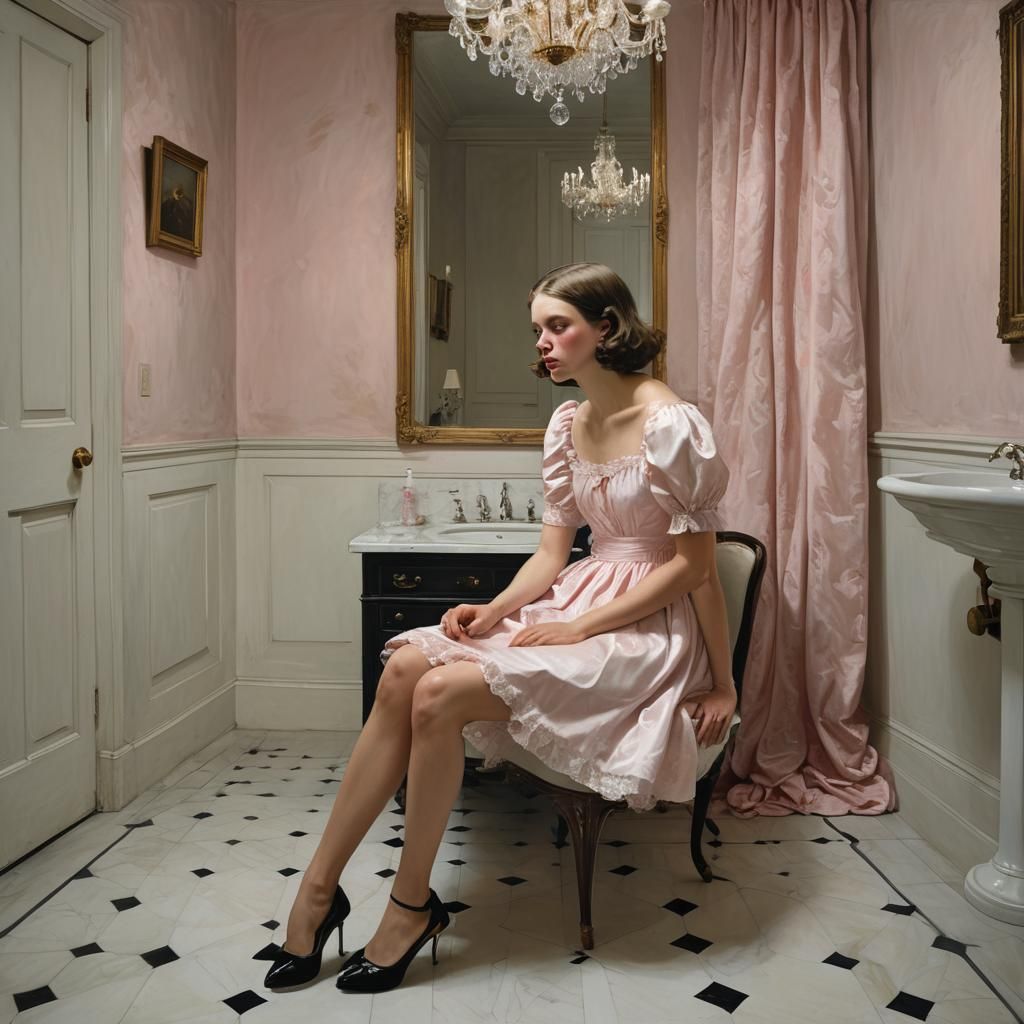 Anxious Boy in Babydoll Dress in Luxurious Bathroom
