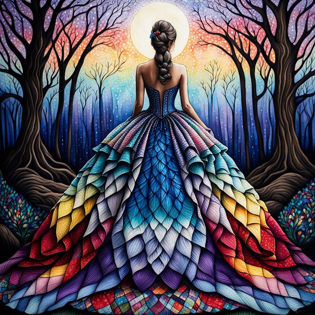 Quilted Ballgown in Enchanted Forest: Fineliner Ink Art