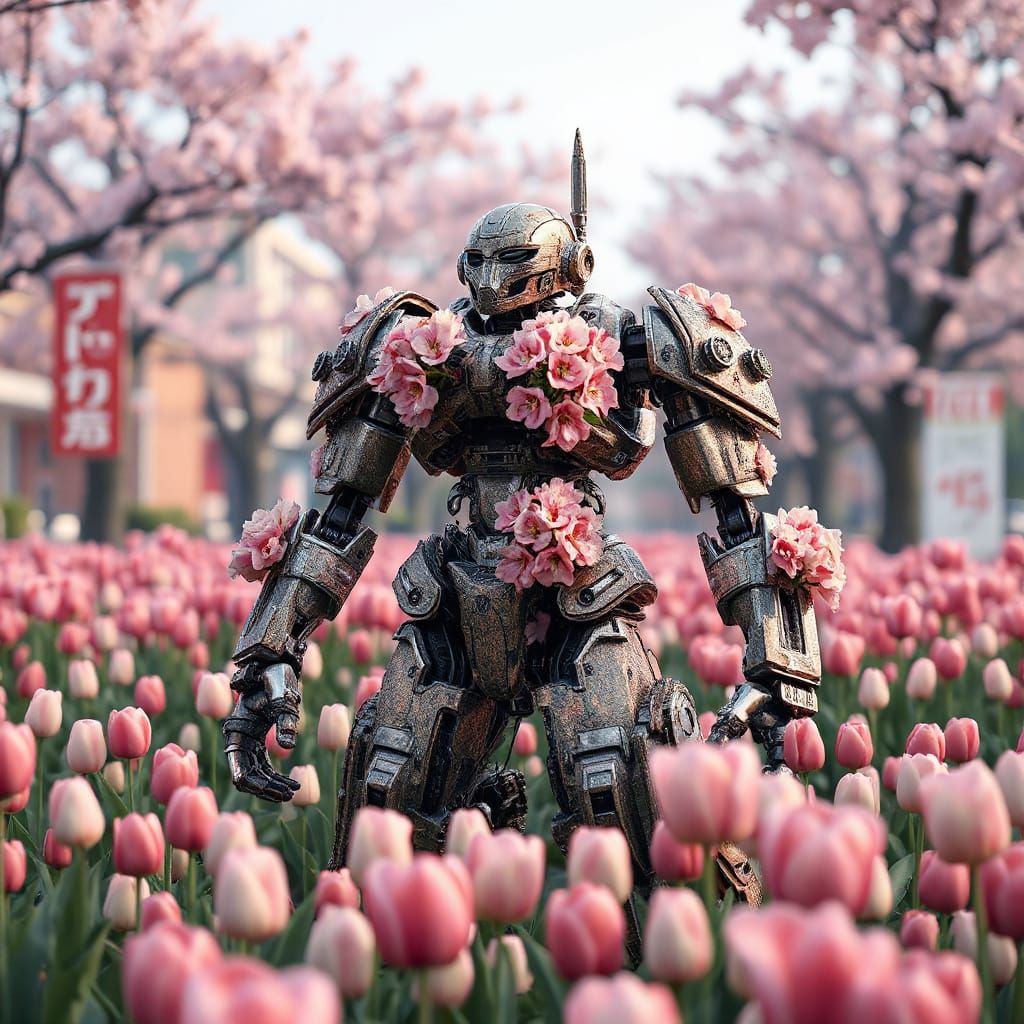 Epic Cherry Blossom Mech in Futuristic Landscape