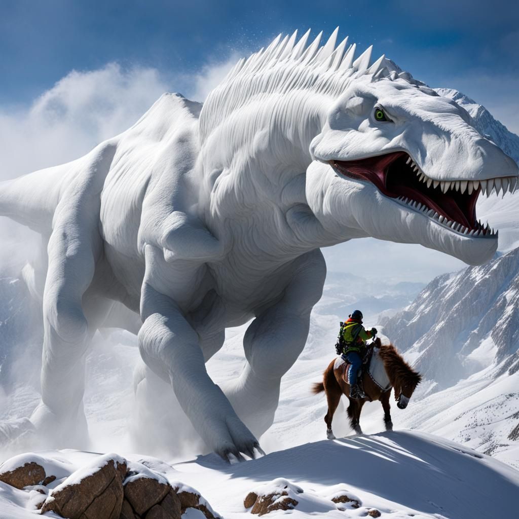 Thunderbird Chasing Dinosaurs in Blizzard