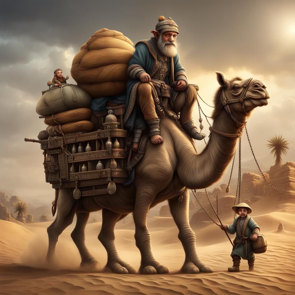 Goblin Merchant Rides Camel-Rhino in Detailed Digital Painti...