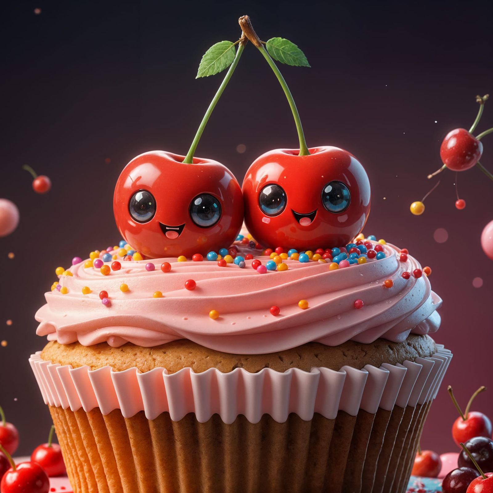 Vibrant Cherry Cupcake in 3D Anime Style