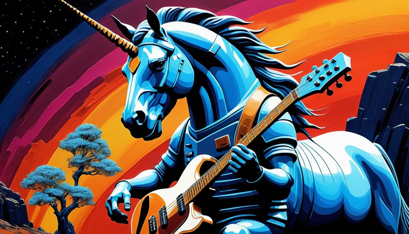 Rock and Roll Unicorn Guitarist in Retro Sci-Fi Elegance