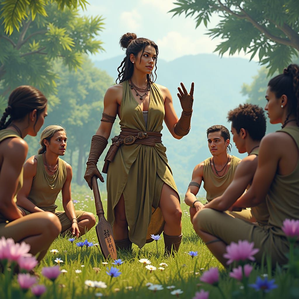 Woman Teaches Others in Lush Fantasy Landscape