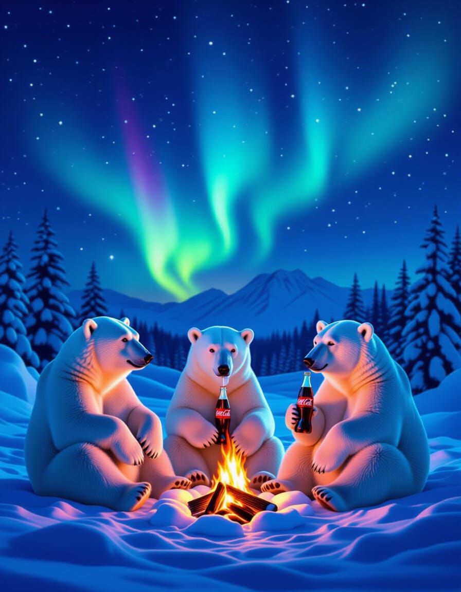 Coca-Cola Bears Enjoying Campfire Under Northern Lights