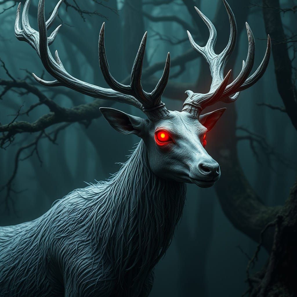 Undead White Stag in Dark, Mystical Forest