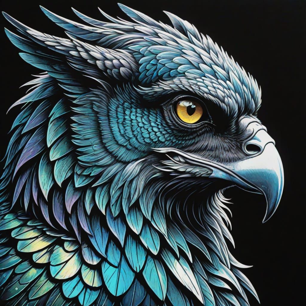 Iridescent Gryphon in Scratchboard Style