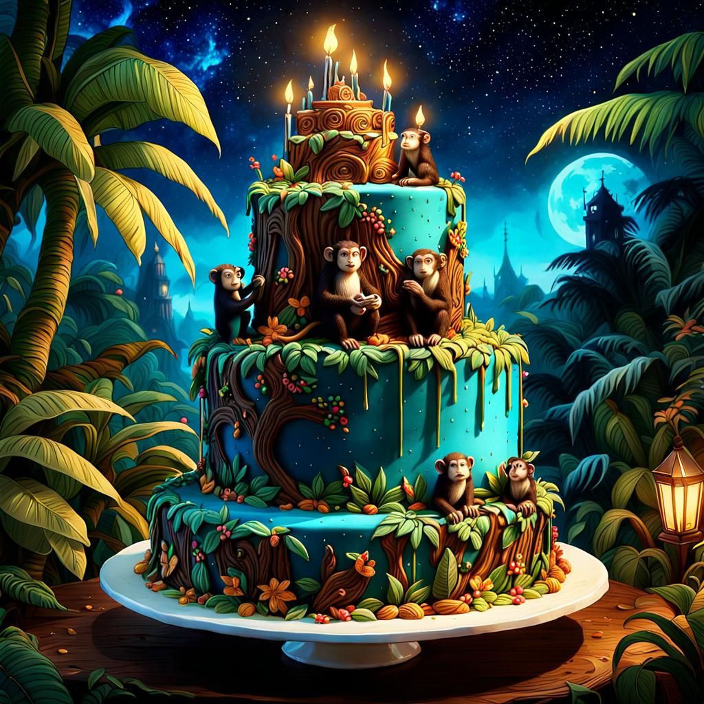 Swinging Monkey's Jungle Scene Happy Birthday Cake