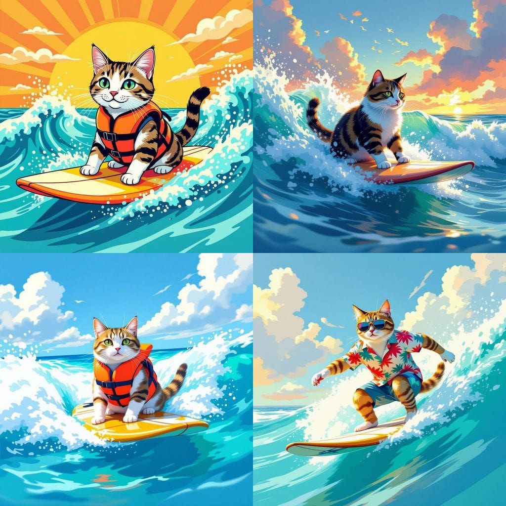 Surfing Cat Rides Ocean Wave