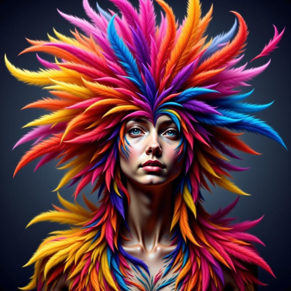 Electric Metal Woman in Feather Cascade