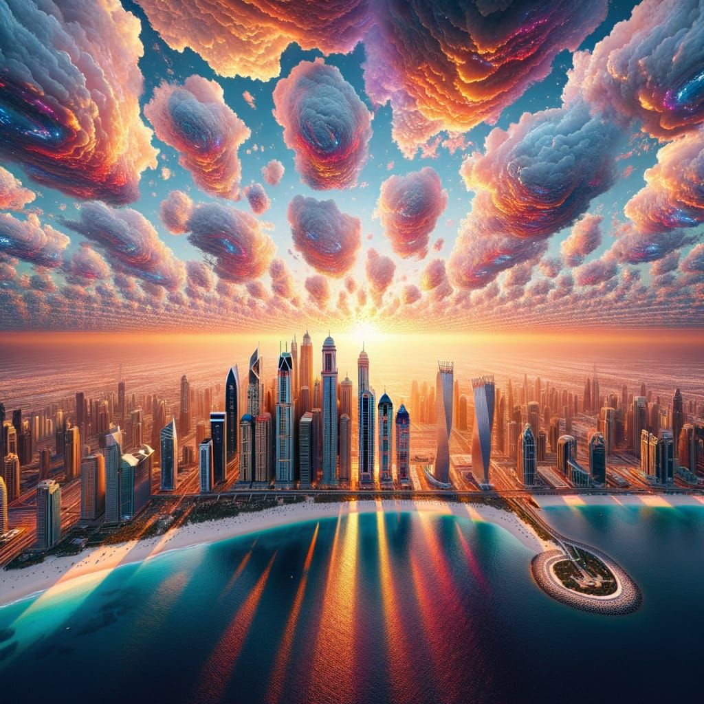 Futuristic Cityscape Meets Tropical Sunset