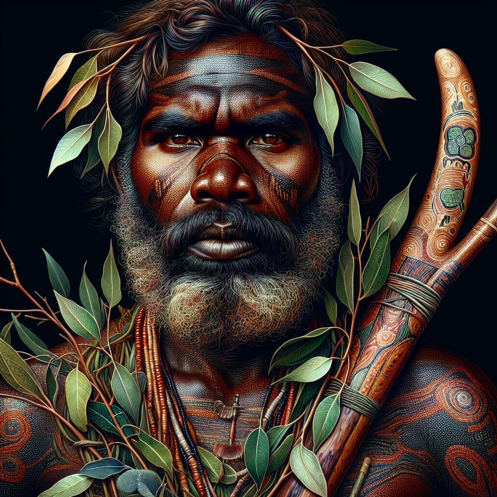 Hyperrealistic Aboriginal Warrior in Oil Painting