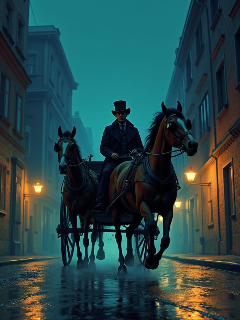Coachman Rides Carriage on Old Street at Night