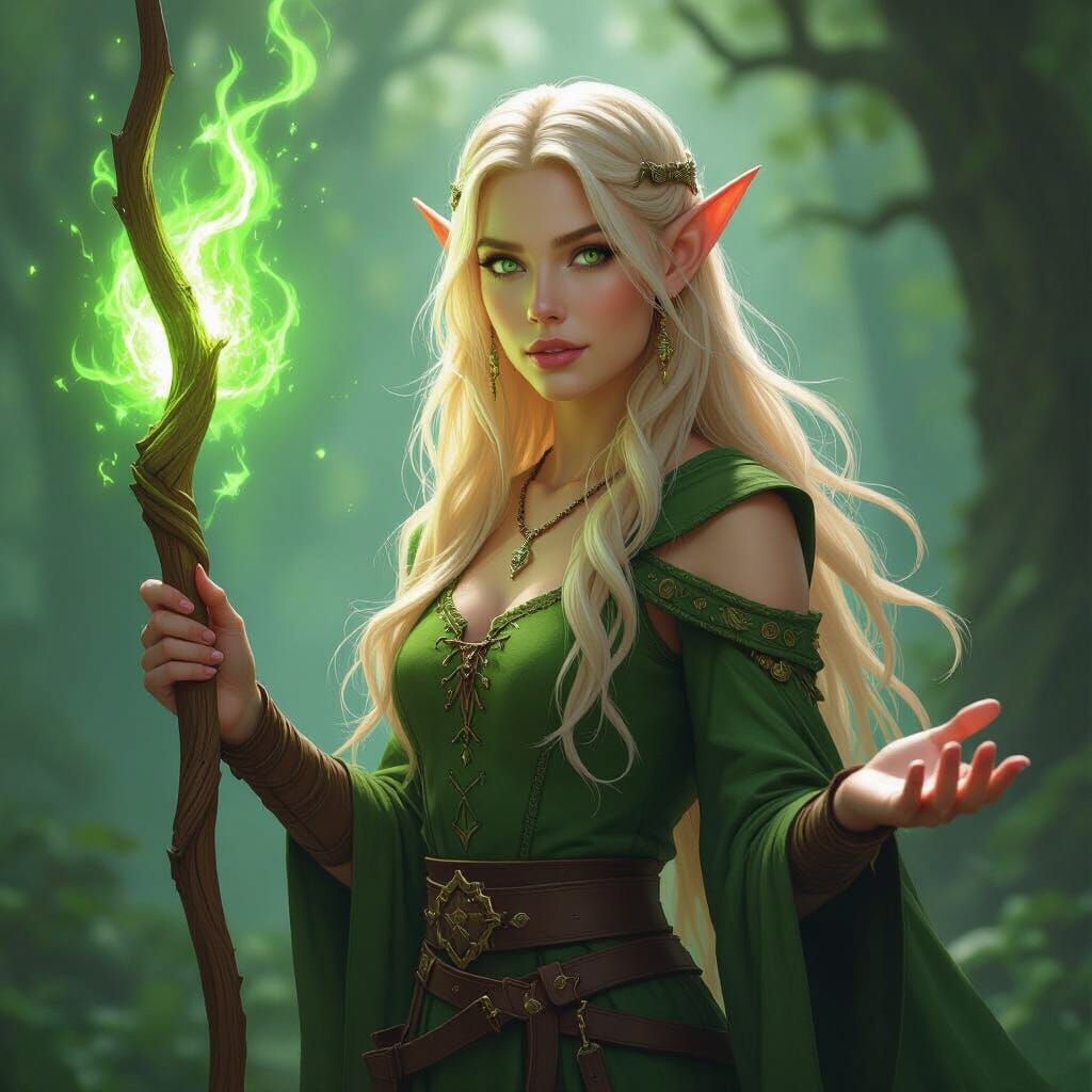 Beautiful Elf Woman with Green Energy and Staff