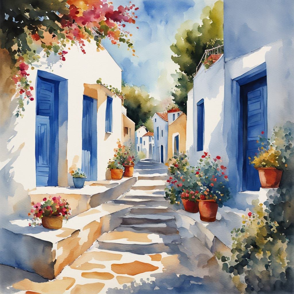 Greek Village by the Sea in Whimsical Watercolour Style