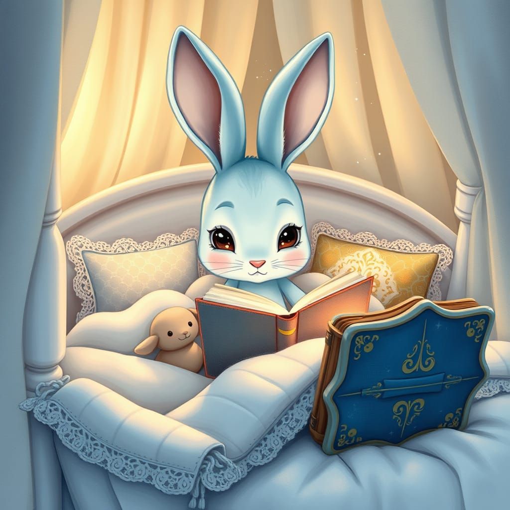 Whimsical Pastel Bunny Reads Under the Moonlight