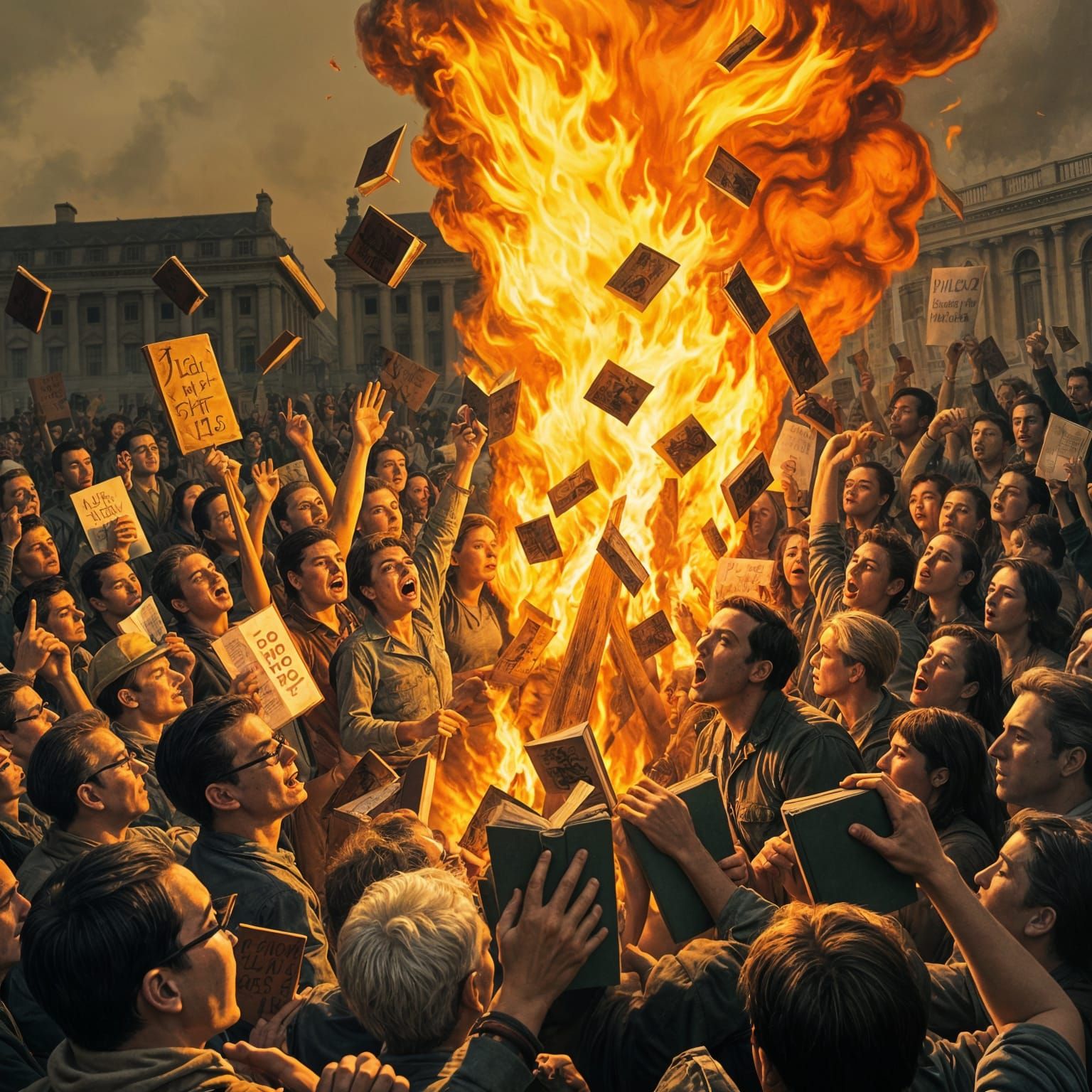 Vintage-Style Crowd Throws Books into Bonfire