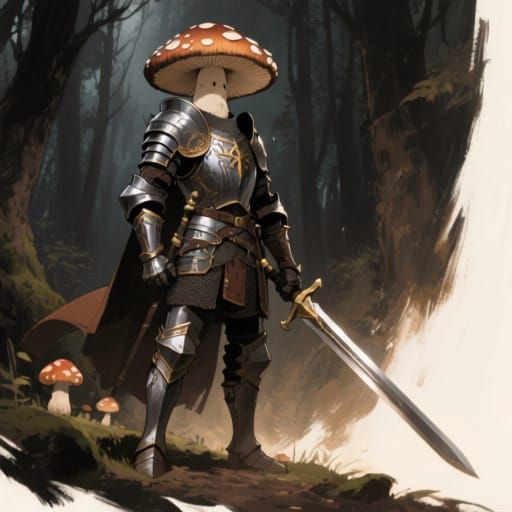 Mushroom Knight in Dark Mystical Forest