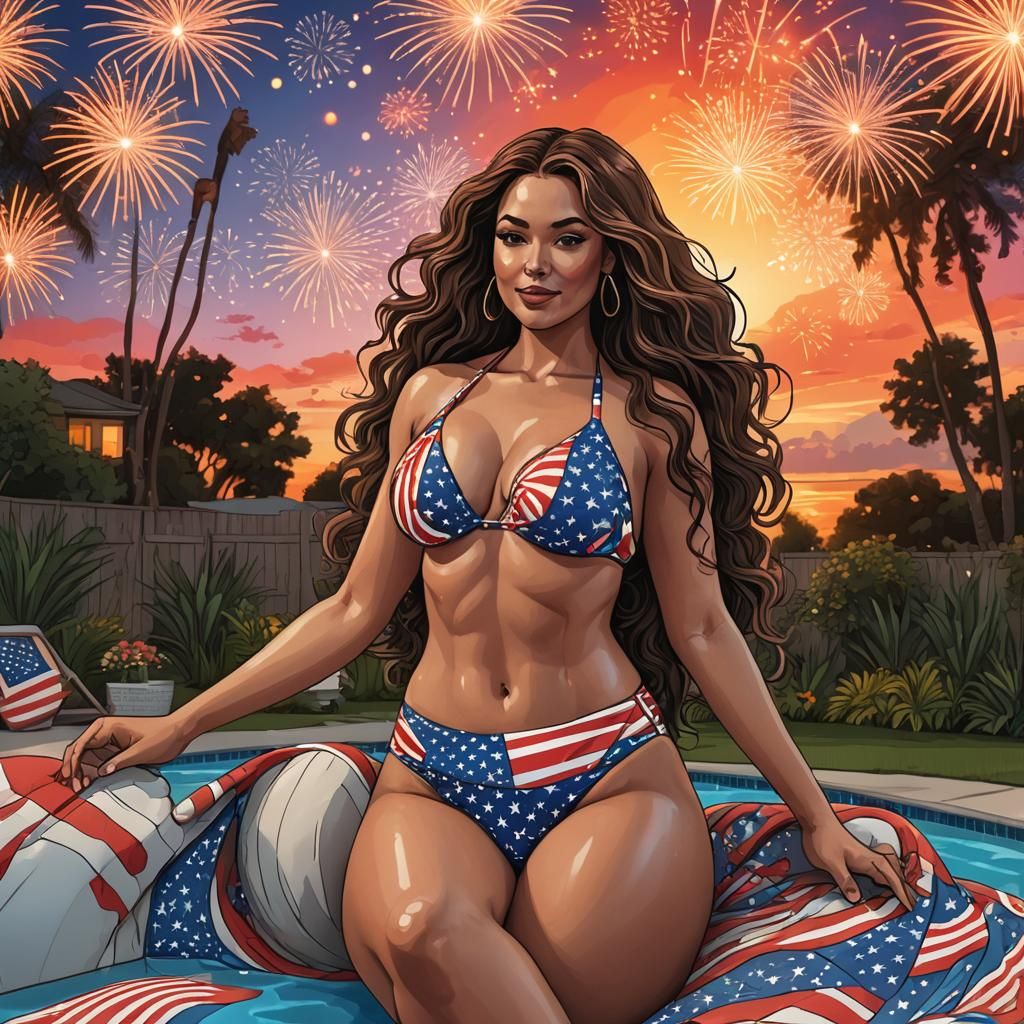 Curvy Woman in American Flag Bikini at Sunset