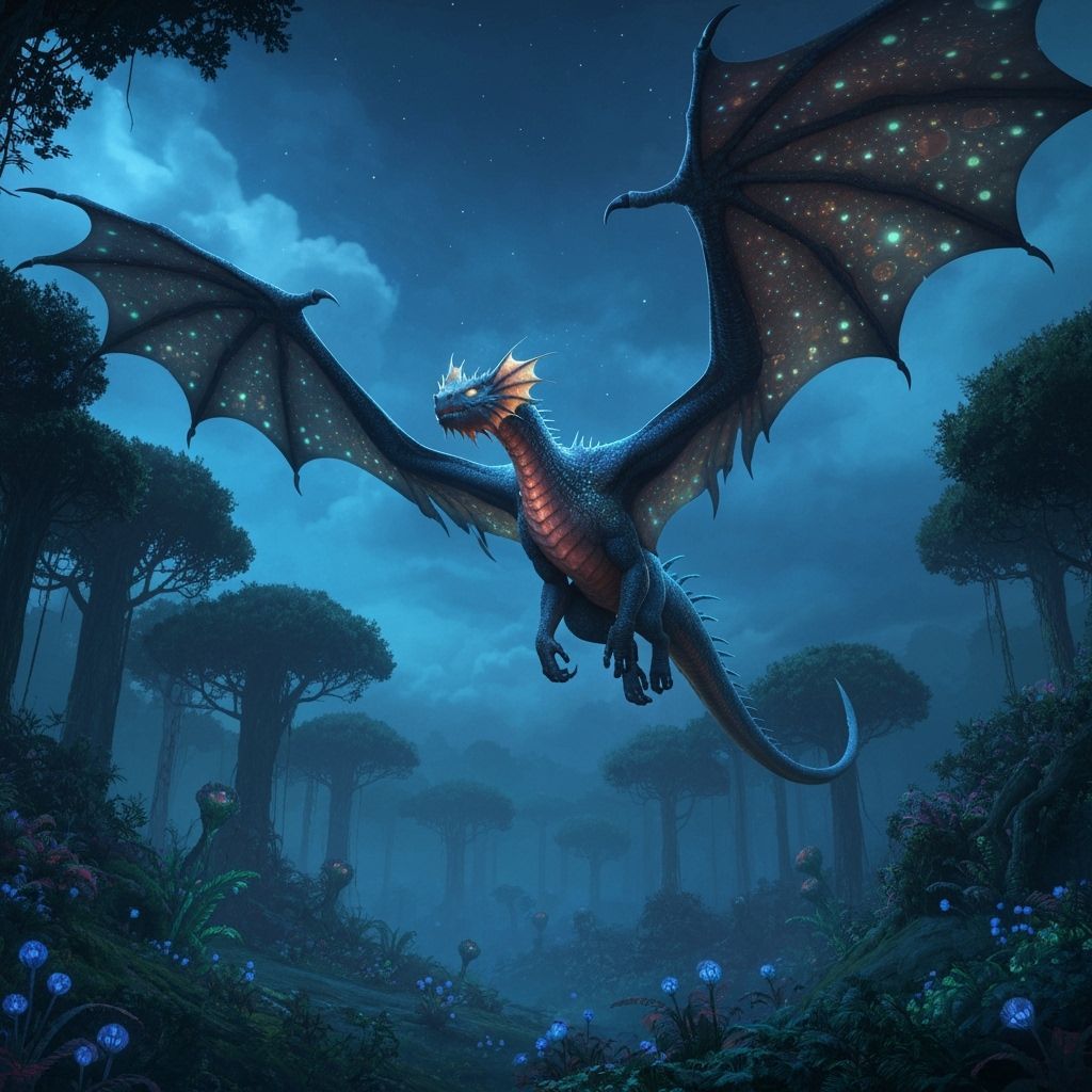 Bioluminescent Dragon Soaring Over Forest in Matte Painting ...