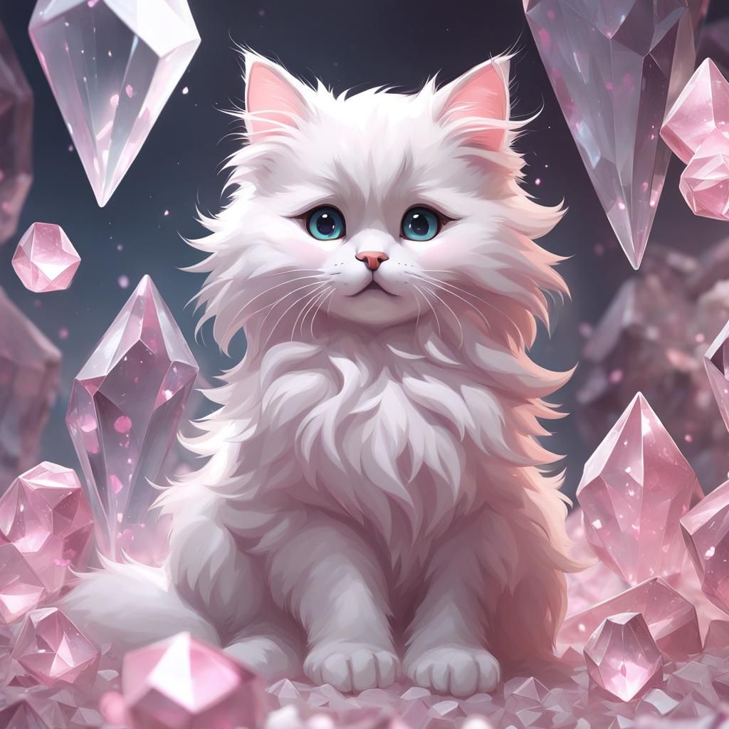 Chibi Furry Cat in Crystal Geode: Matte Pastel Painting