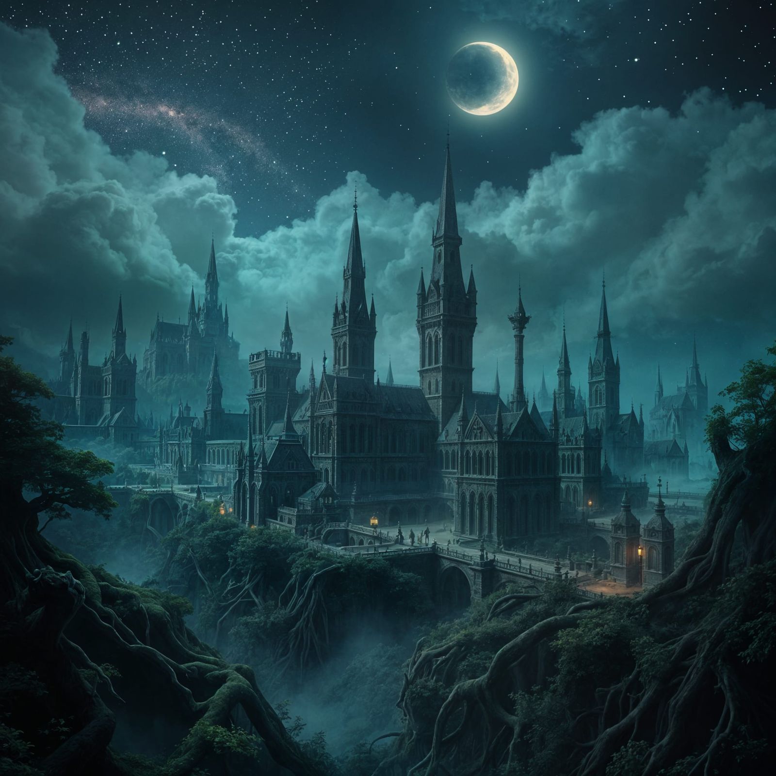 Ethereal Forest Metropolis Under Moonlit Skies
