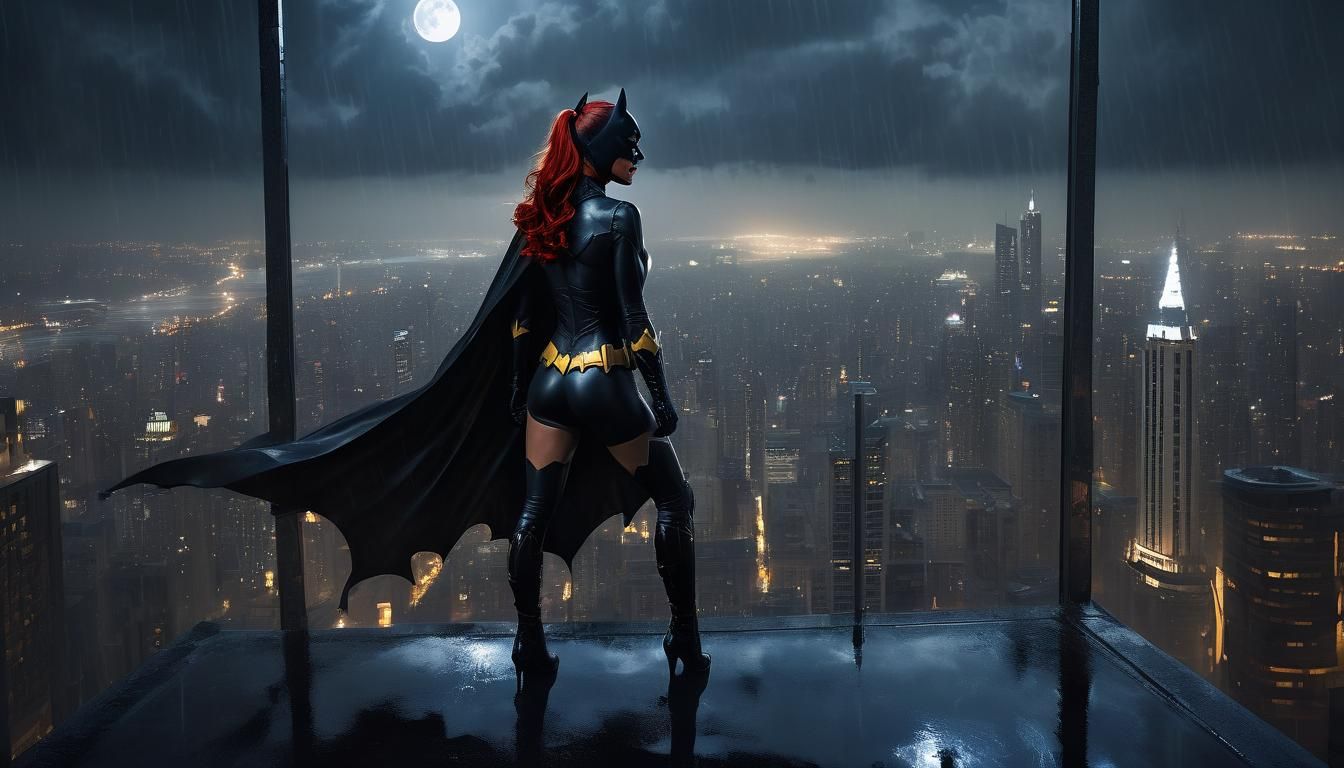 Batgirl and Batwoman Gaze Over Rain-Soaked City