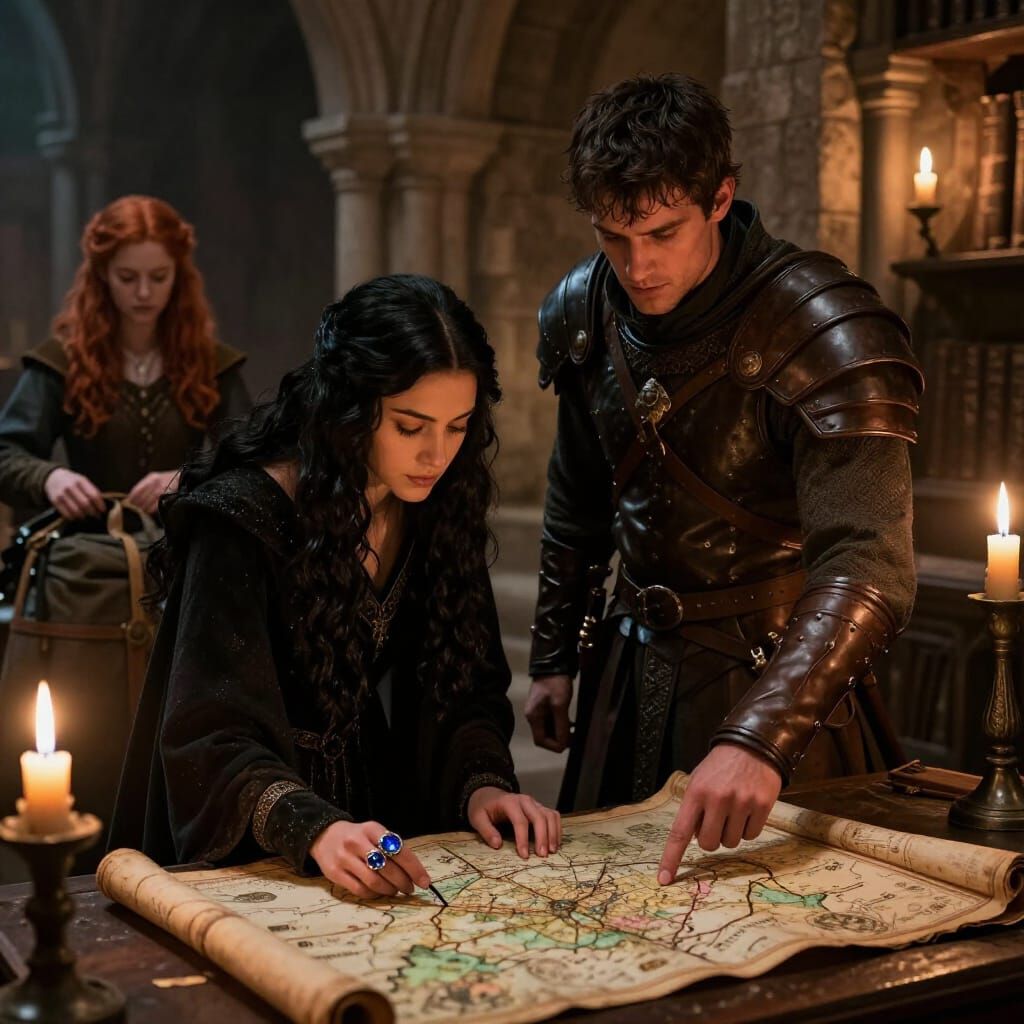 Medieval Monastery Library Scene with Three Characters