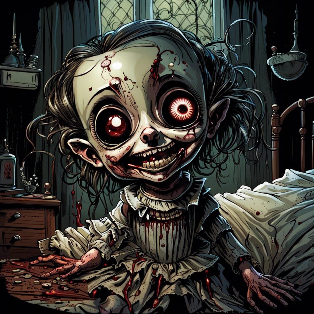Eerie Victorian Cartoon: Blood Vomiting Porcelain Doll