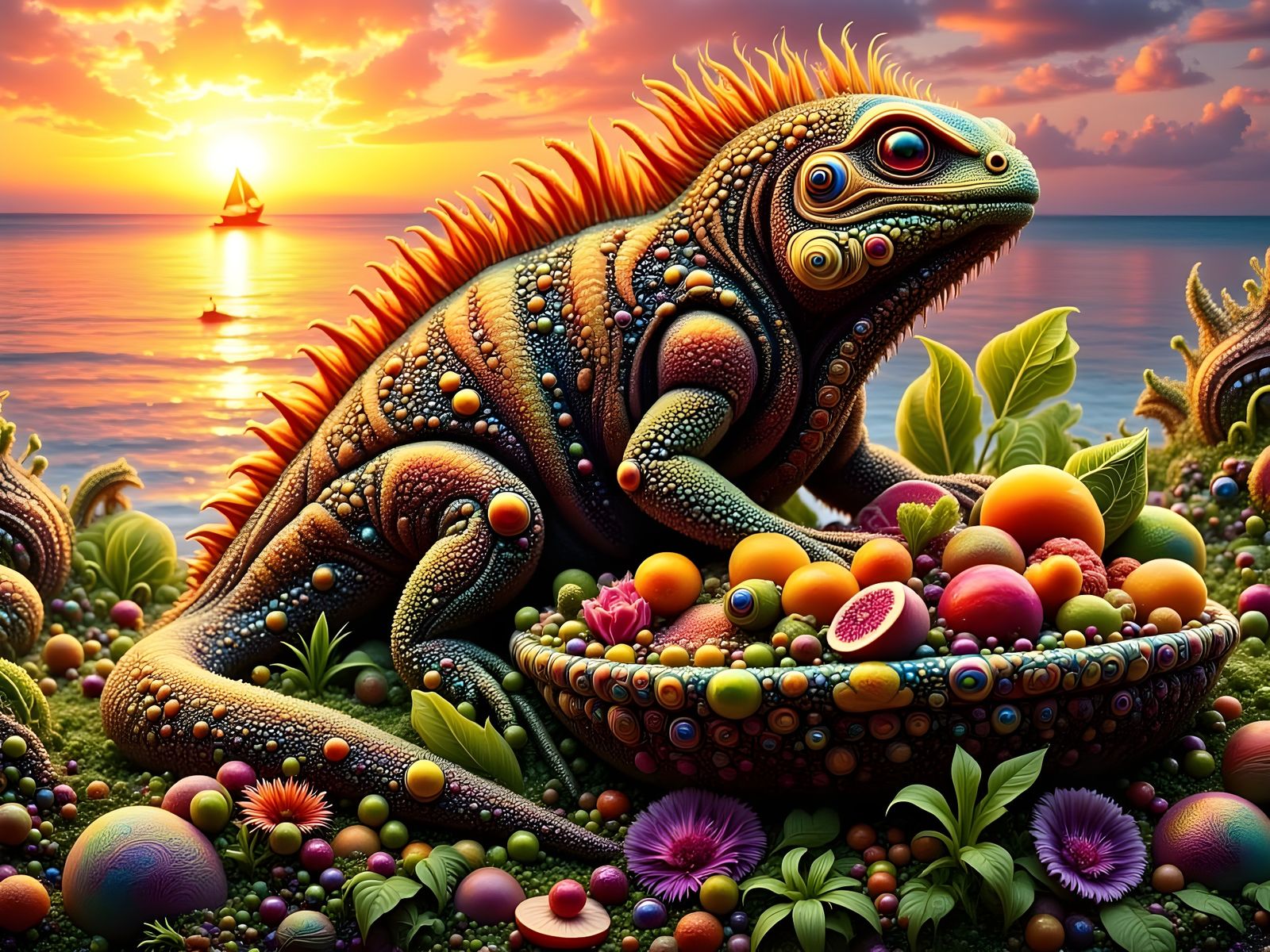 Ancient Iguana Relaxing on a Fruit Bowl at Sunset