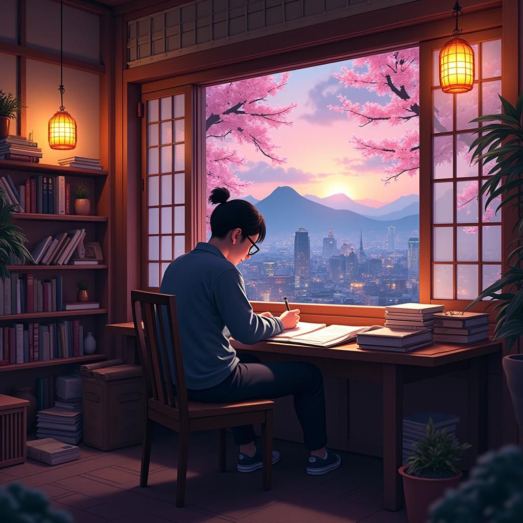 Tokyo Student Studying in a Cozy Home, Digital Art