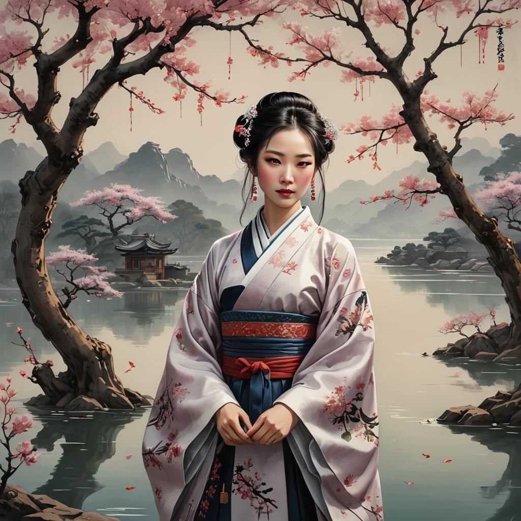 Girl Doing Calligraphy in Traditional Chinese Painting