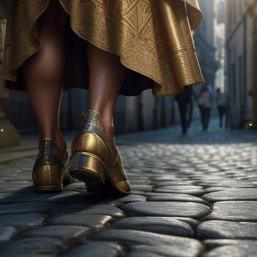 Close Up of Feet on Cobblestone Path in Golden Hour Light