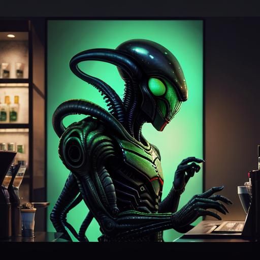 Alien Orders Coffee at Starbucks in Hyperrealistic Style