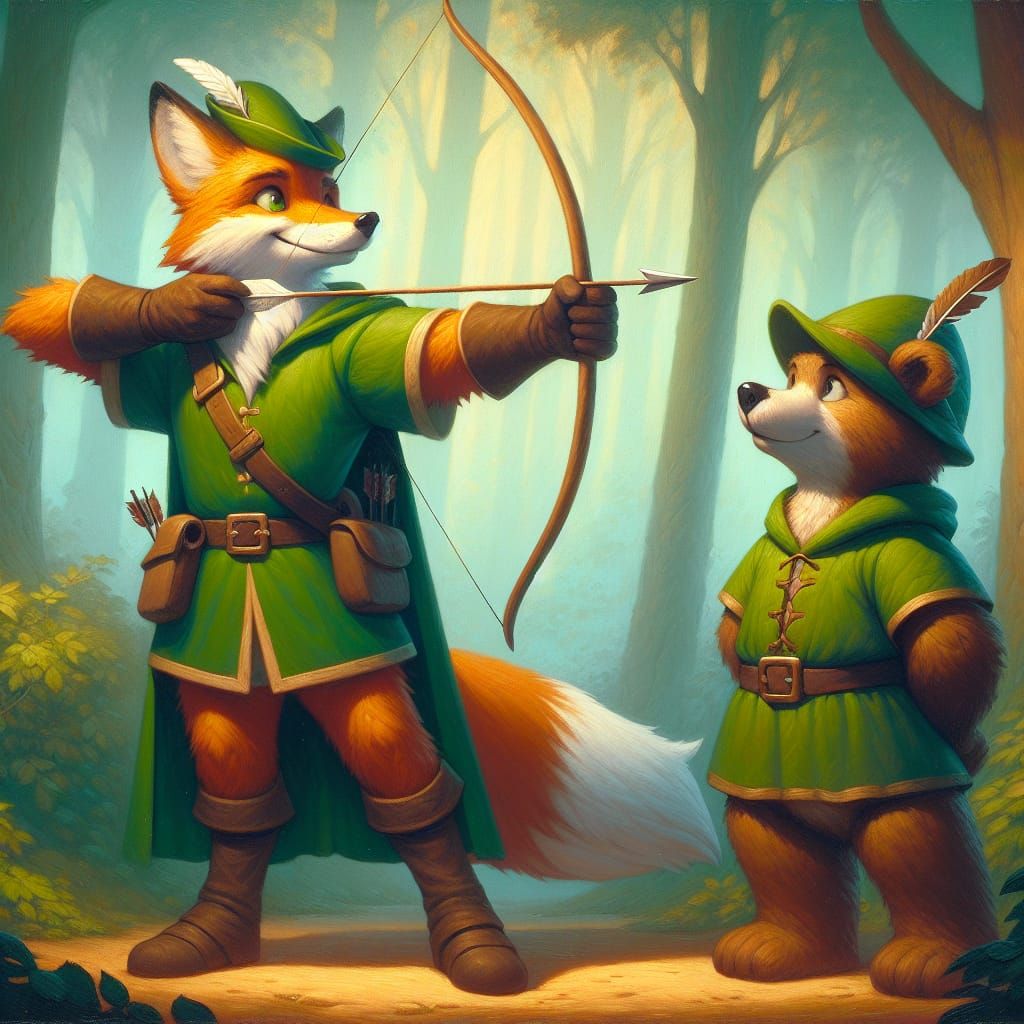 Charming Anthropomorphic Fox and Bear in Forest