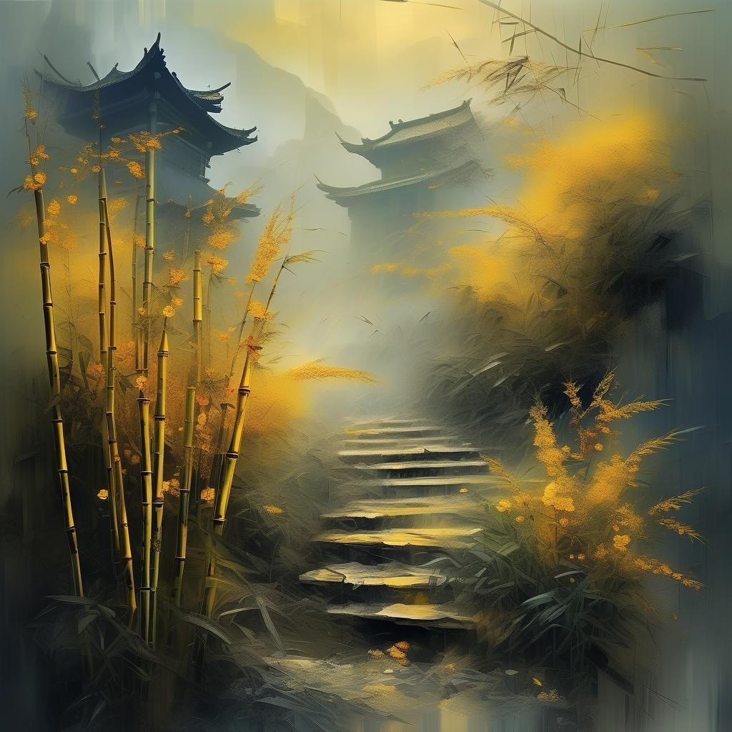 Surreal Golden Mist Landscape in Chinese Style