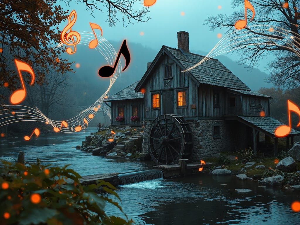 Whimsical Watermill Enchanted by Vibrant Musical Notes