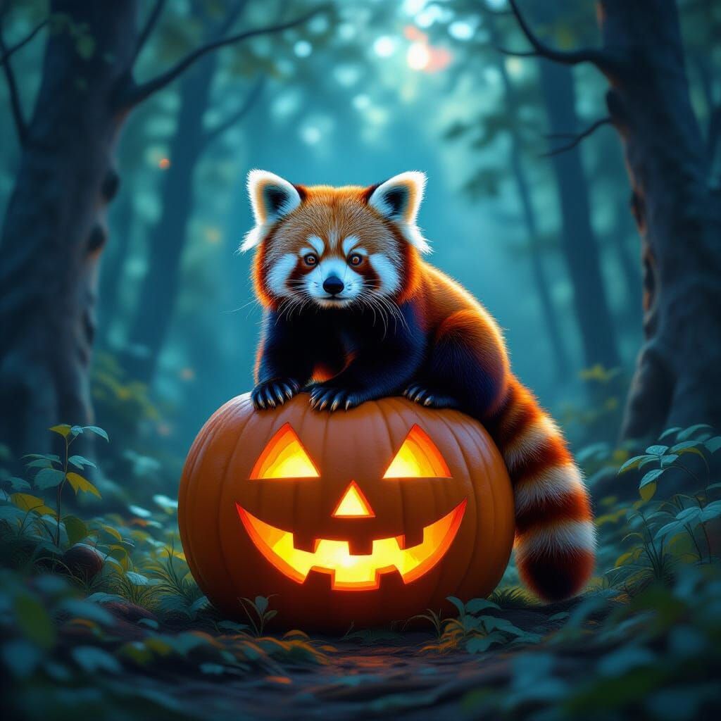 Bioluminescent Red Panda on Glowing Pumpkin in Cosmic Forest