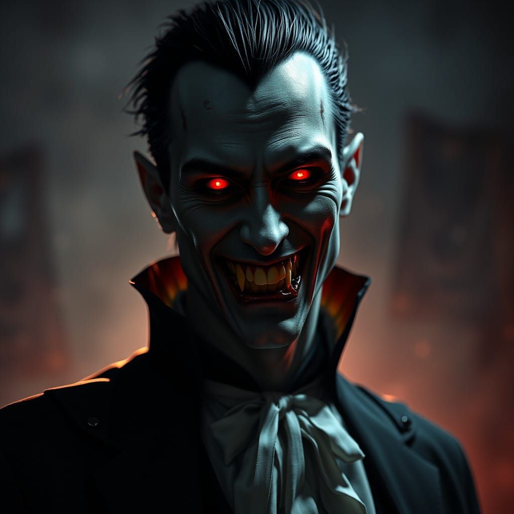 Elegant Vampire Hybrid Exudes Danger in Dark, Misty Atmosphe...