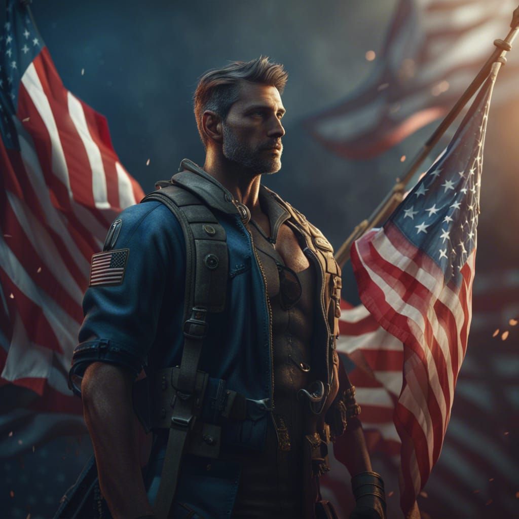 Handsome 3D American Character with US Flag