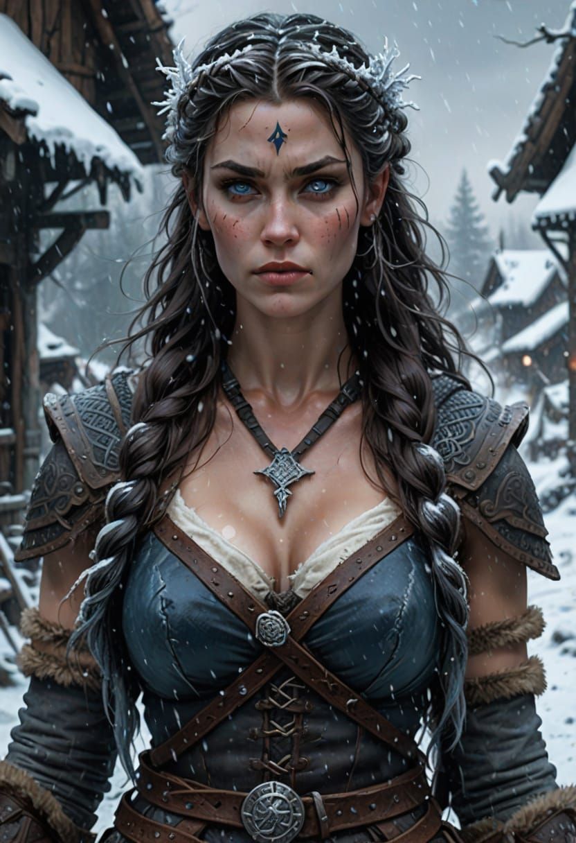 Viking Warrior Maiden in Frosty Village