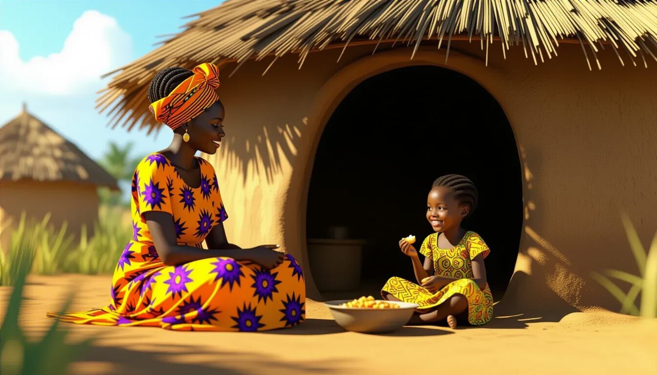 African Woman and Child in Rustic Hut, Animated Style