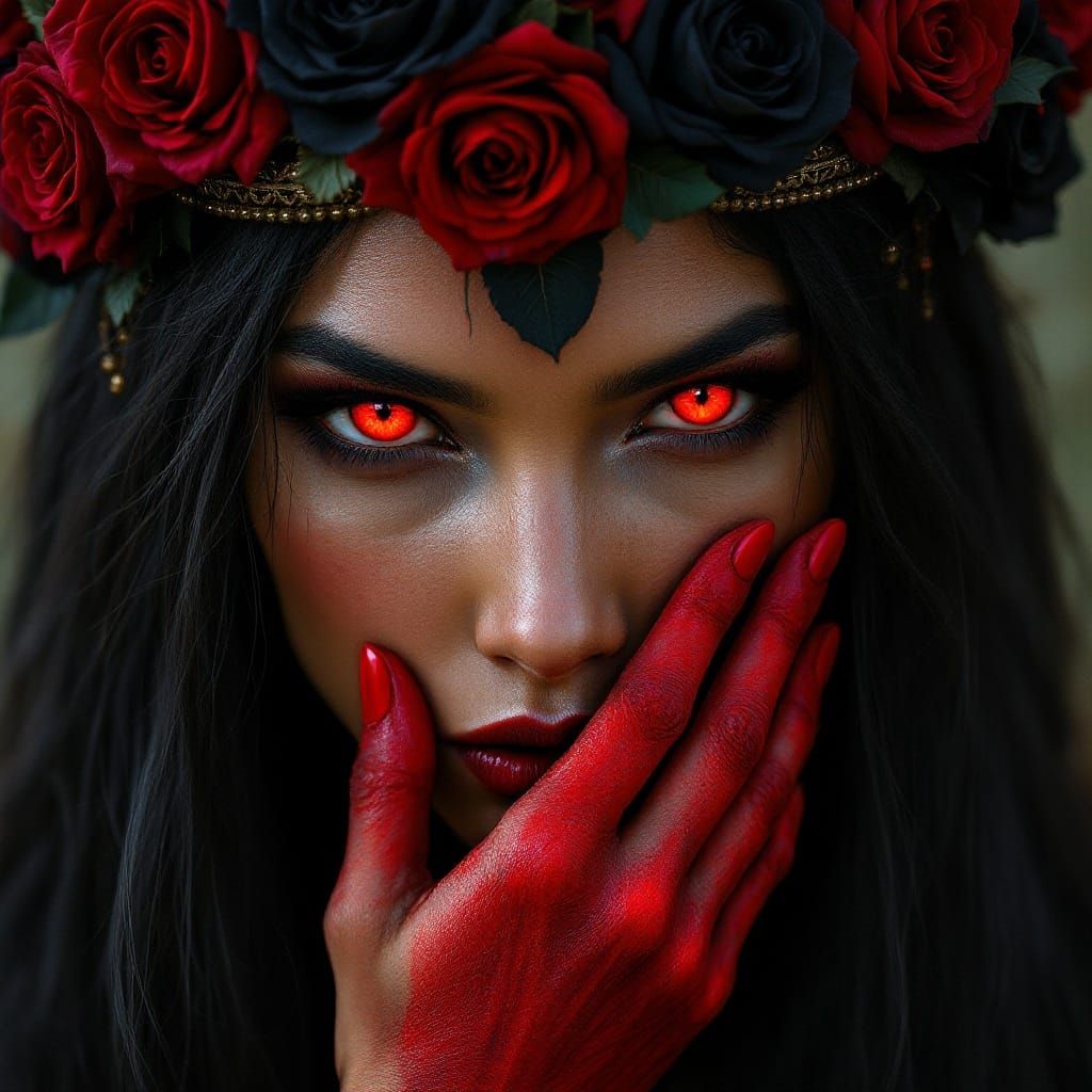 Mystical Native Woman with Intertwined Roses and Glowing Red...