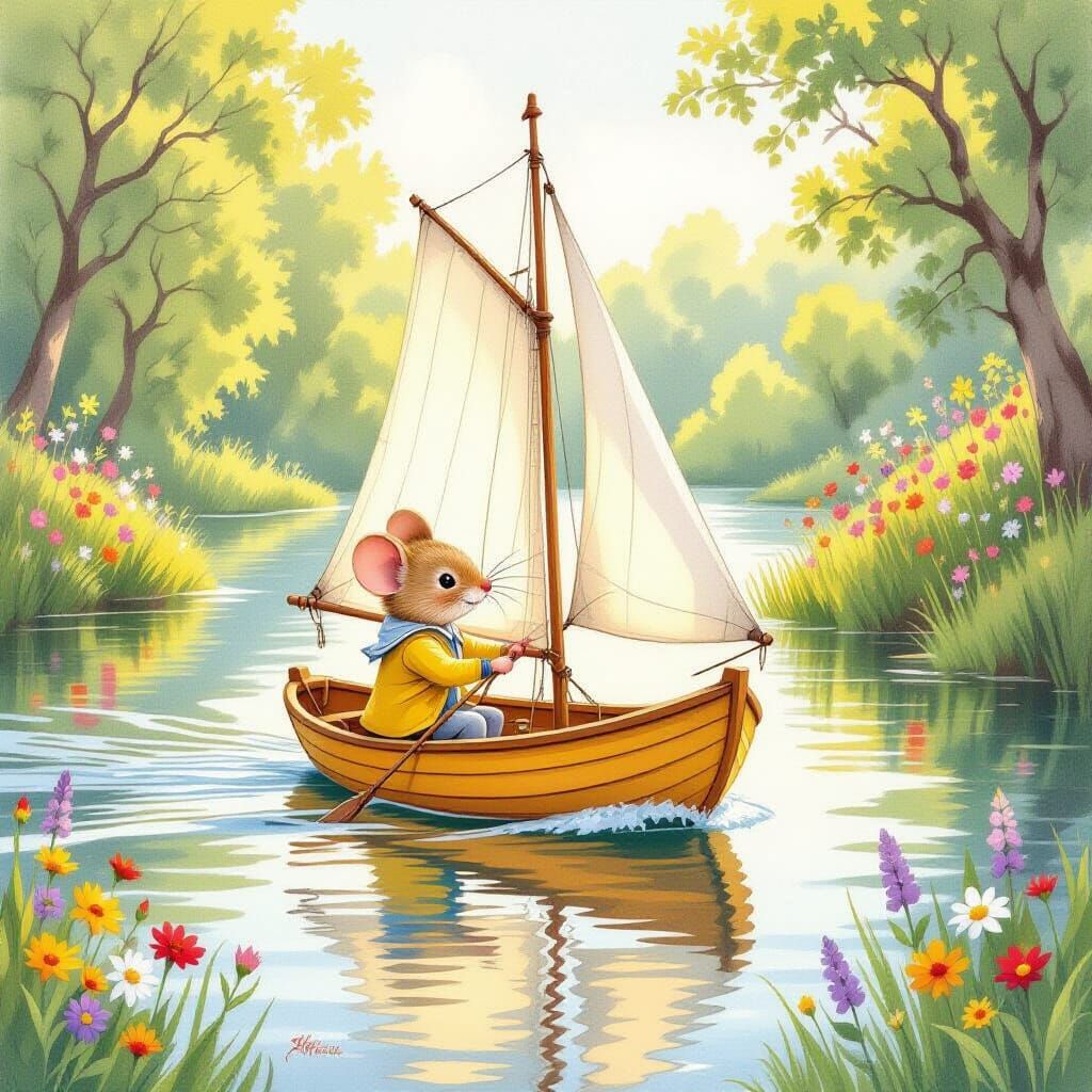 Mouse in Sailboat: Whimsical Pencil Drawing