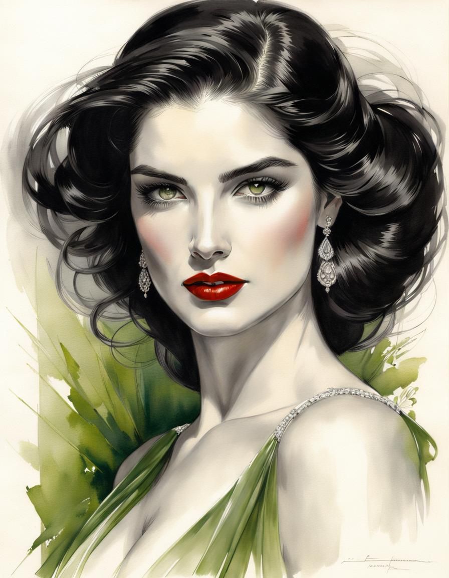 Art Nouveau Portrait of Woman with Green Eyes