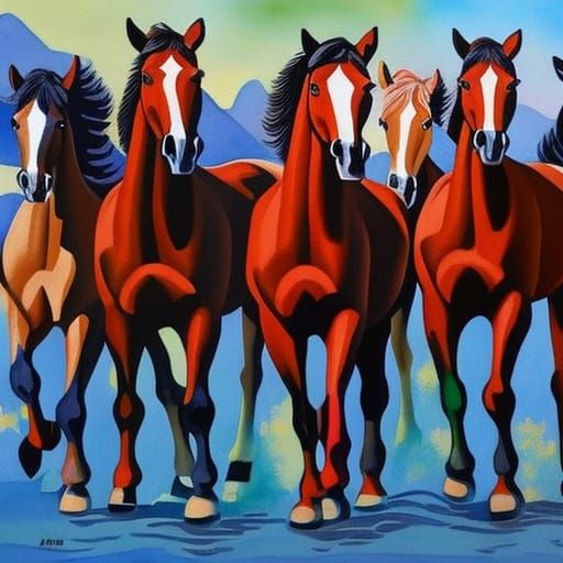 Flock of Horses in Gouache Watercolor Style