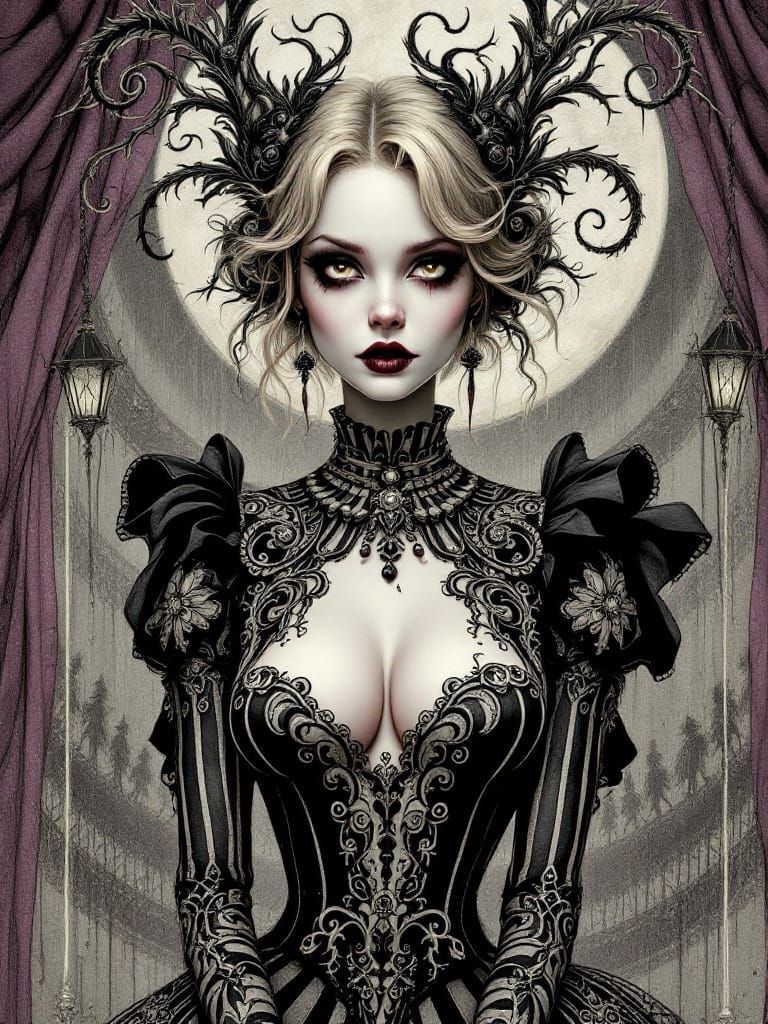 Gothic Carnival Pin-Up in Moonlit Gloom