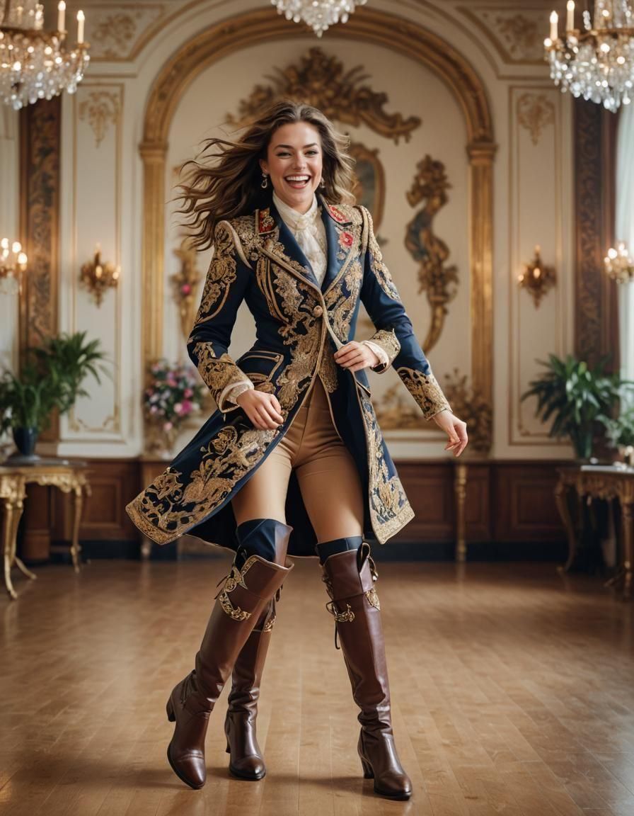 Laughing Equestrienne Dances in Ballroom, Hyperrealistic