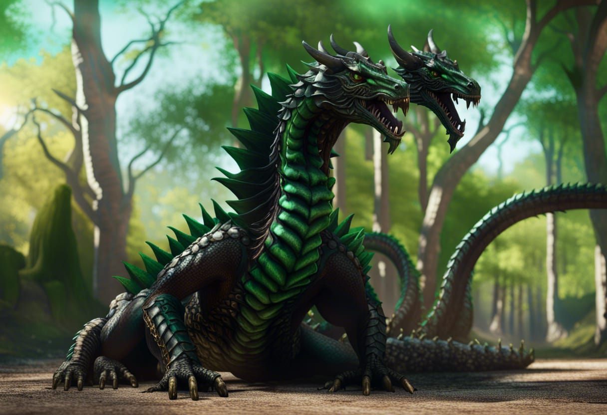 Three-Headed Hydra in Dark Fantasy Forest